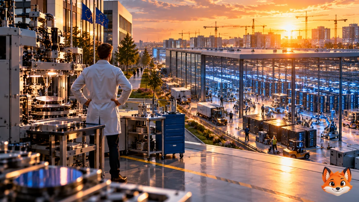 Een Europese ingenieur kijkt vanaf een industriële werkvloer naar een grote Amerikaanse AI fabriek waar servers en robots in hoog tempo worden opgebouwd.
