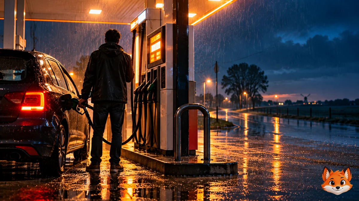 Een silhouet staat 's nachts bij een tankstation in de regen naast een auto, met de tankslang in de hand, verlicht door fel wit licht van de overkapping.