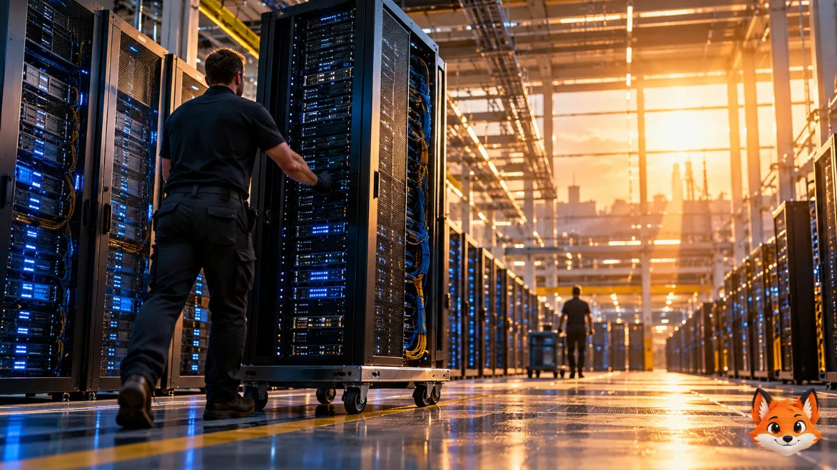 Een groot datacenter met serverrekken en koelsystemen in warm avondlicht.