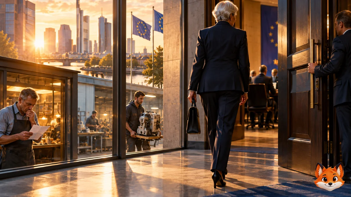 Een vrouwelijke bestuurder loopt een Europese bestuurskamer binnen terwijl werknemers en ondernemers zichtbaar worstelen met de economische werkelijkheid.