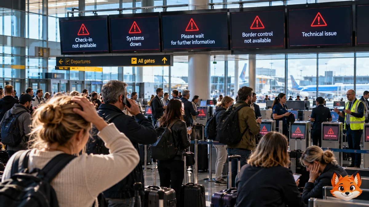 Reizigers staan van achteren gezien in een lange rij voor elektronische paspoortpoortjes in een zonnige vertrekhal, terwijl een grenswachter paspoorten met de hand controleert.