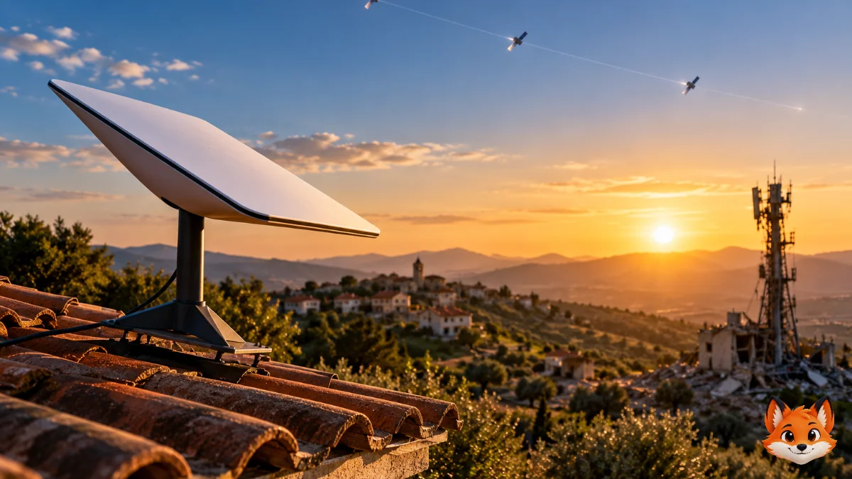 A satellite dish at a remote home receives internet from space at sunset.