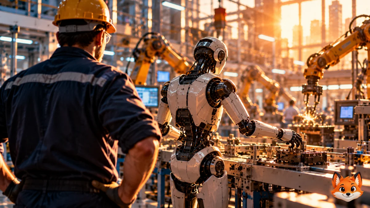 Een fabrieksmedewerker kijkt naar een humanoïde robot aan een productielijn terwijl warm zonlicht door de grote ramen valt.