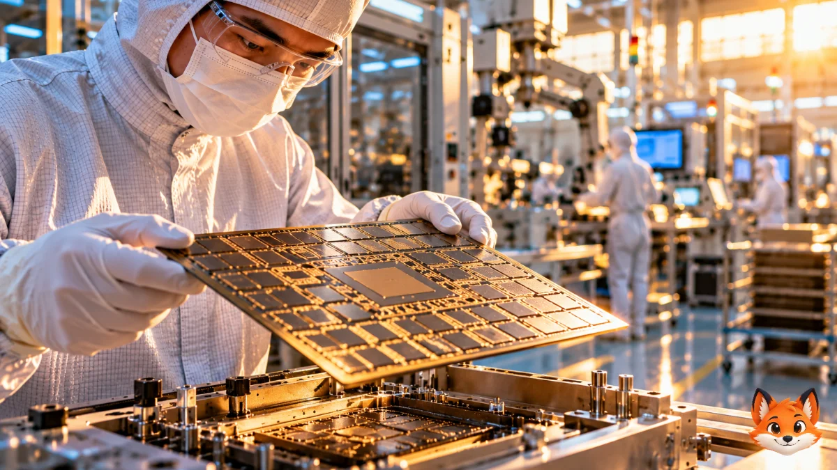 Een medewerker bekijkt een grote printplaat in een heldere Zuid Koreaanse fabriek voor geavanceerde chiponderdelen.
