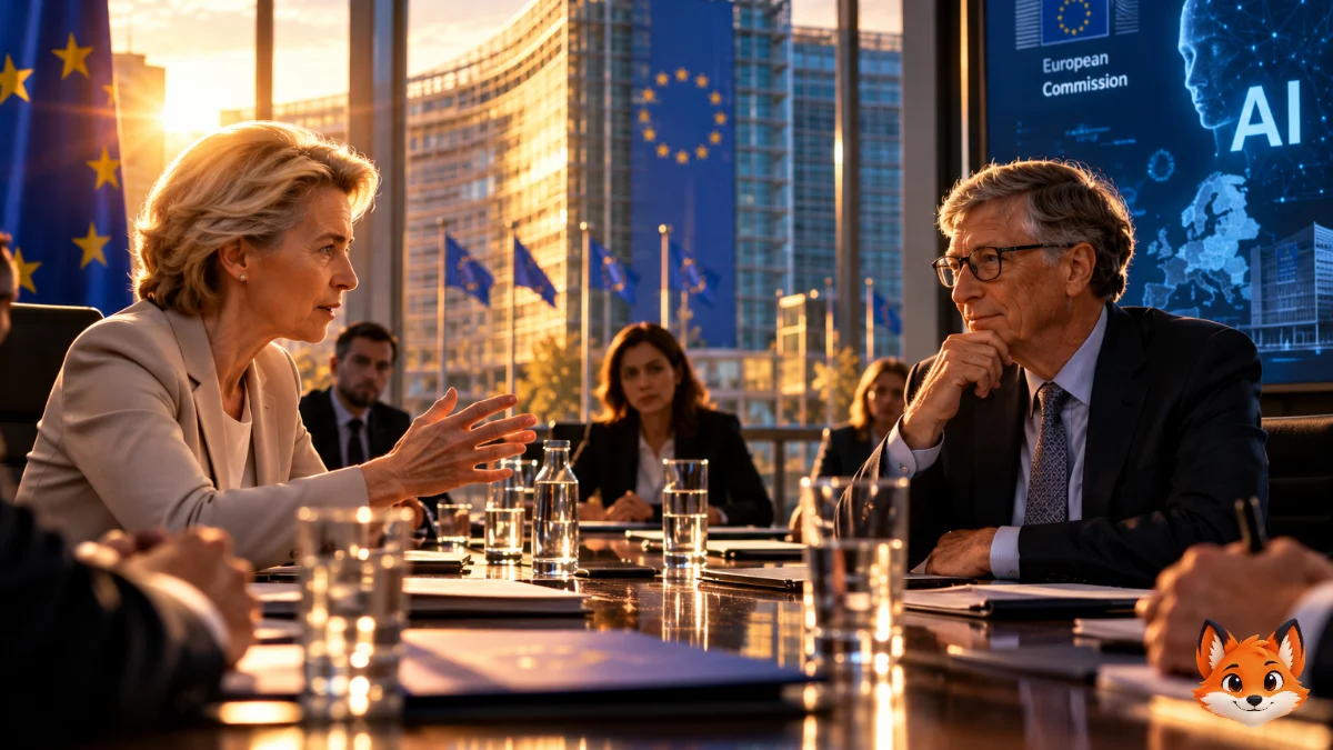 A European policymaker and an influential technology investor discuss innovation in a glass meeting room in Brussels.